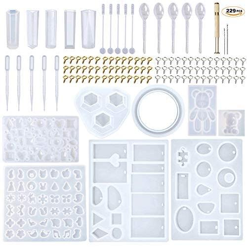 EuTengHao 229Pcs DIY Jewelry Casting Molds Tools Set More Than 120 Designs Contains 8 Silicone Jewelry Resin Molds with 70 Designs,1 Earring Molds with 25 Designs,2 Necklace Bear Molds,3 Diamonds Mold