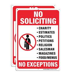 No Soliciting Sign for House, No Exception Metal Reflective Warning Sign 2 Pack, Sturdy 10 X 7 Rust Free .040 Aluminum Sign Indoor & Outdoor Use for Business, UV Protected & Waterproof, Easy to Mount