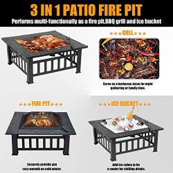 Sibosen Fire Pit, 32'' Fire Pits Outdoor Wood Burning Square Metal Firepit Table w/Mesh Spark Screen, BBQ Grill, Log Grate, Poker, Firepit Cover for Camping Picnic Bonfire Patio Backyard Garden