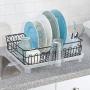 mDesign Large Metal Kitchen Countertop, Sink Dish Drying Rack - Removable Plastic Cutlery Tray, Drainboard with Adjustable Swivel Spout - 3 Pieces - Black Wire/Clear Frost