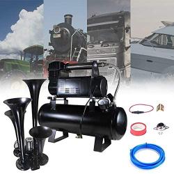 Shueriu Train Horn - 4-Trumpet 180 psi Air System 150dB+ 10 L Metal 12V Train Horns kit for Trucks Air Horn for Any 12V Vehicles Trucks Lorrys Trains Boats Cars Black