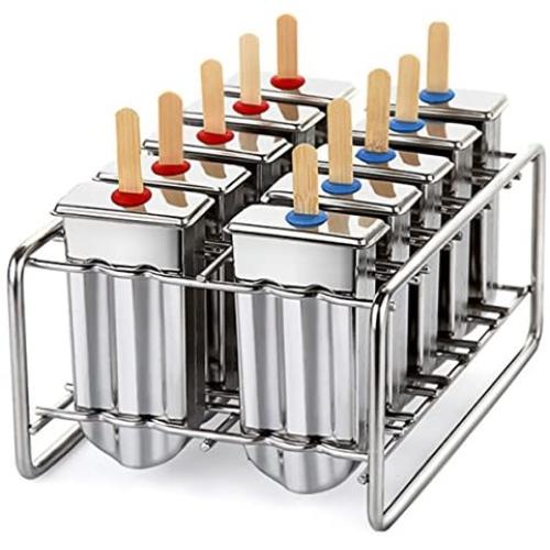 kingleder Stainless Steel Ice Lolly Popsicle Molds Kit/Ice Pop Makers With Tray/100 Reusable Bamboo Sticks/16 Silicone Seals/20 Pop Bags/Cleaning Brush(Set of 10)