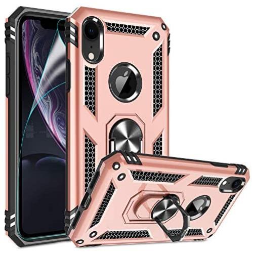 iPhone XR Case with HD Screen Protector, Gritup 360 Degree Rotating Metal Ring Holder Kickstand Armor Anti-Scratch Bracket Cover Case for Apple iPhone XR 6.1 inch inch Rose Gold