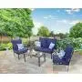 MFSTUDIO 4 Piece Outdoor Metal Furniture Sets Patio Cushioned Conversation Set with 4 Free Pillows for Home, Porch, Lawn, (Loveseat, Coffee Table, 2 Single Chair),Navy-Blue