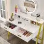 Tiptiper Vanity Table Set with Lighted Mirror & 3 Color Lighting Modes, Makeup Vanity Desk with 2 Large Drawers & Desktop Shelf, Elegant Dressing Table with Metal Frame for Women Girls, Gold & White