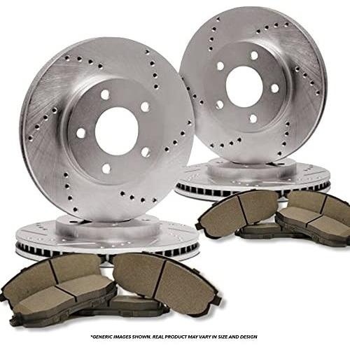 (Front+Rear Kit)(High-End) 4 Cross-Drilled Disc Brake Rotors + 8 Semi-Metallic Pads(Fits:- 5lug)