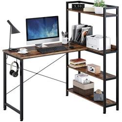 Rolanstar Computer Desk L Shaped 47'', Corner Desk with Shelves, Home Office Desk with 4-Tier Storage Bookshelf, Study Writing Table, Workstation, Stable Metal Frame, Rustic Brown