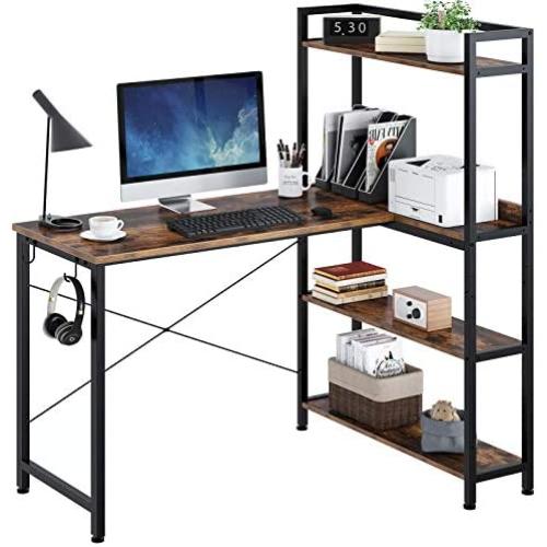 Rolanstar Computer Desk L Shaped 47'', Corner Desk with Shelves, Home Office Desk with 4-Tier Storage Bookshelf, Study Writing Table, Workstation, Stable Metal Frame, Rustic Brown