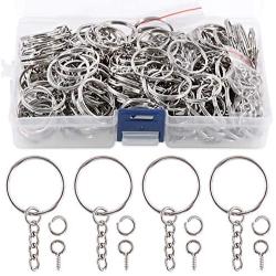 Swpeet 450Pcs 1'' 25mm Sliver Key Chain Rings Kit, Including 150Pcs Keychain Rings with Chain and 150Pcs Jump Ring with 150Pcs Screw Eye Pins Bulk - Plastic Box or Cardboard Box Random Shipments