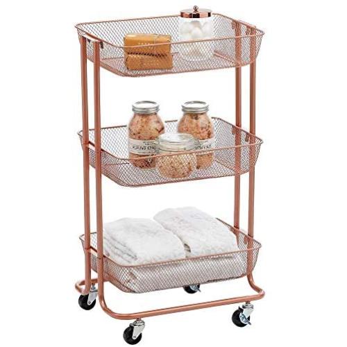 mDesign Metal 3-Tier Rolling Household Storage Cart to use in Bathrooms, Kitchen, Craft Rooms, Laundry Rooms, and Kids Rooms - Portable, Includes 4 Caster Wheels - Rose Gold