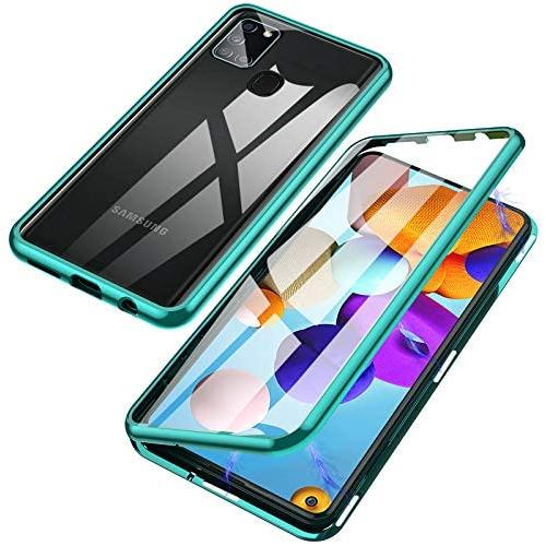 Jonwelsy Magnetic Adsorption Case for Samsung Galaxy A21S, 360 Degree Front and Back Clear Tempered Glass Flip Cover, Metal Bumper Frame for Samsung Galaxy A21S (Green)