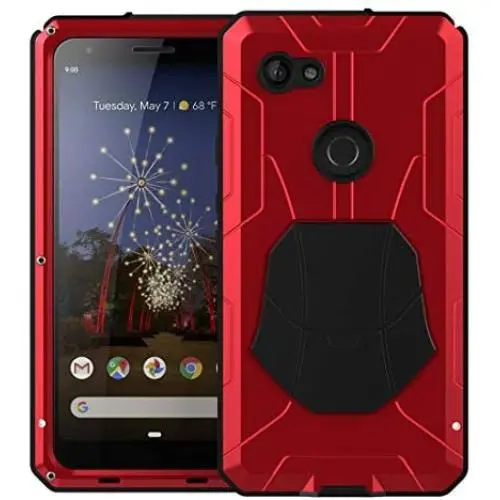 Pixel 3a Case,Google Pixel 3a Metal Case with Gorilla Glass Screen Protector Armor Tank Military Aluminum Alloy Bumper Hybrid Soft Rubber Military Shockproof Hard Defender Metal Cover,Red