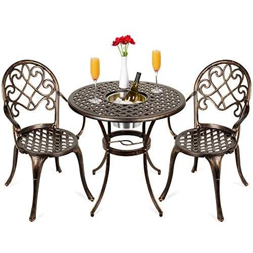 Best Choice Products Cast Aluminum Outdoor Patio Bistro Table Set for Backyard, Garden, Porch, Deck w/Attached Ice Bucket, 2 Chairs - Copper