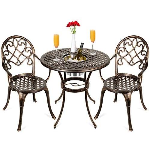 Best Choice Products Cast Aluminum Outdoor Patio Bistro Table Set for Backyard, Garden, Porch, Deck w/Attached Ice Bucket, 2 Chairs - Copper