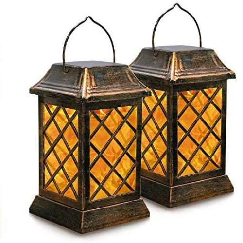 VZCOME Hanging Solar Lantern Lights Flickering Flame Metal Solar Lanterns Outdoor with Handle Solar Garden Decorative Lanterns Waterproof Umbrella Lights for Patio Pathway Deck Yard, 2 Pack