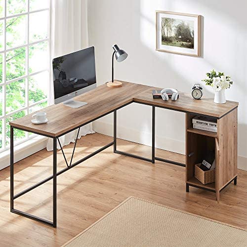 HSH L Shaped Computer Desk, Metal and Wood Rustic Corner Desk, Industrial Writing Workstation Table with Cabinet Drawer Storage for Home Office Study, Oak 59 x 55 inch