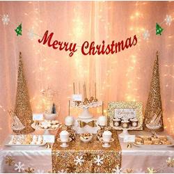 Merry Christmas Banner with Glitter Christmas Tree Snowflake Garland Party Decorations for Xmas Holiday Home Indoor Fireplace Decors