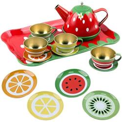 Liberty Imports Kids Fruit Themed Tin Tea Party Toy Set - Metal Teapot and Cups for Childrens Kitchen Pretend Play (14 Pieces)