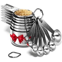 Stainless Steel Measuring Cups and Spoons Set of 16 Pieces — 7 Nesting Cups and 7 Stackable Spoons + 2 D Rings — Professional Portable and Sturdy Metal Measuring Set for Liquid Wet and Dry Ingredients