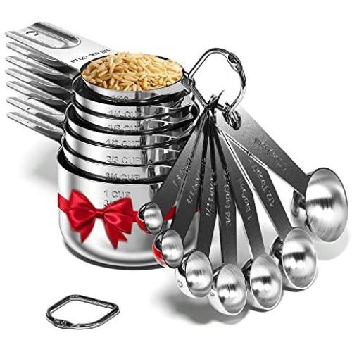 Stainless Steel Measuring Cups and Spoons Set of 16 Pieces — 7 Nesting Cups and 7 Stackable Spoons + 2 D Rings — Professional Portable and Sturdy Metal Measuring Set for Liquid Wet and Dry Ingredients