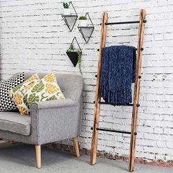 MyGift 5-ft Urban Rustic Wall-Leaning Burnt Wood & Metal Quilt Blanket and Towel Storage Ladder Stand