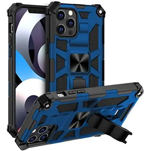 Saputu Compatible with iPhone 12 Pro Max Case, | Military Grade | Invisible Built-in Kickstand and Metal Plate, Anti-Scratch Shockproof Bumper Drop Tested Protective Cover (Blue)