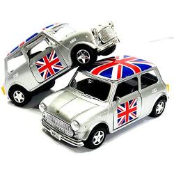 Mini Cooper Model (Silver) with Union Jack Top Made of Die Cast Metal and Plastic Parts, Pull Back & Go Action Model