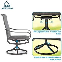 MFSTUDIO 5 Piece Metal Patio Armrest Dining Swivel Chairs and Larger Square Table Set, 37'' Square Bistro Wood-Like Table and 4 Backyard Garden Rock Chairs - Umbrella Hole 1.57''