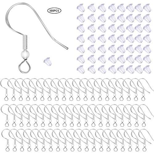 150 PCS/ 75 Pairs 925 Sterling Silver Earring Hooks Fish Hook Ear Wires French Wire Hooks Hypo-allergenic Jewelry Findings Earring Parts DIY Making With 150 PCS Clear Rubber Earring Safety Backs