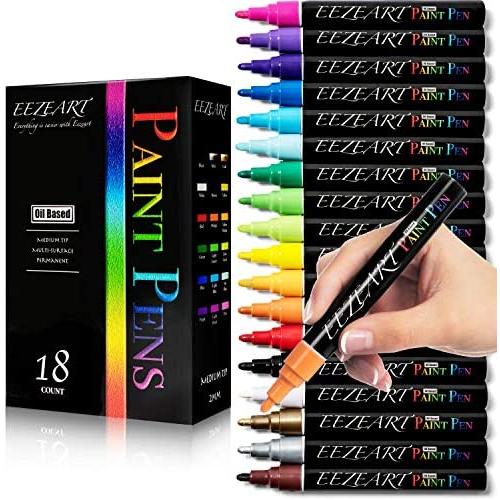Paint Pens - 18 Vibrant Medium Tip Permanent Oil Based Markers for Rocks, Wood, Glass, Ceramic, Metal and More. Water Resistant, Quick Drying, Oil Painting Marker Pens