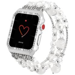 Falandi Replacement for Apple Watch Band 38mm, Glittering Diamond Metal Silver Case Handmade Elastic Stretch Bracelet Fashion Women Girls Rhinestone Strap for iWatch Series 3/2 / 1 (M, White-38mm)