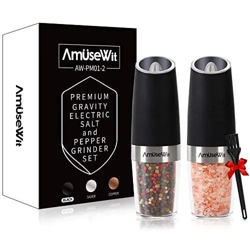 Gravity Electric Salt and Pepper Grinder Set of 2【White Light】- Battery Operated Automatic Salt and Pepper Mills with Light,Adjustable Coarseness,One Handed Operation,Cleaning Brush,Black by AmuseWit Gravity Electric Salt and Pepper Grinder Set of 2【White Light】- Battery Operated Automatic Salt and Pepper Mills with Light,Adjustable Coarseness,One Handed Operation,Cleaning Brush,Black by AmuseWit
