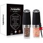 Gravity Electric Salt and Pepper Grinder Set of 2【White Light】- Battery Operated Automatic Salt and Pepper Mills with Light,Adjustable Coarseness,One Handed Operation,Cleaning Brush,Black by AmuseWit