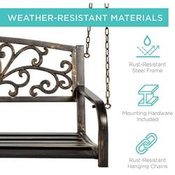 Best Choice Products 2-Person Metal Outdoor Porch Swing, Hanging Steel Patio Bench for Garden Deck w/Floral Accent, 485lb Weight Capacity - Bronze