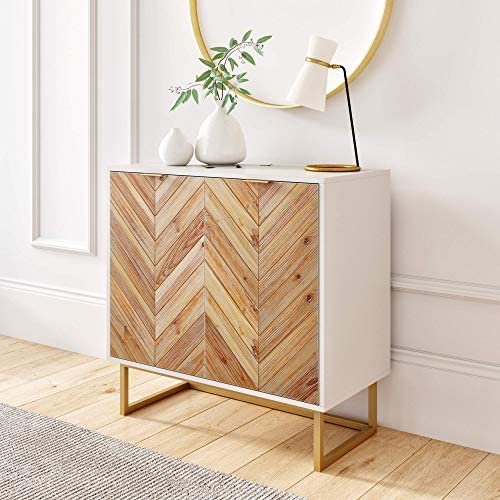 Nathan James Enloe Modern Storage, Free Standing Accent Cabinet with Doors in a Rustic Fir Wood Finish Powder-coated Metal Base for Hallway, Entryway or Living Room, White/Gold