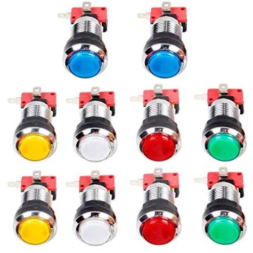 EG STARTS 10 Pcs/Lots Chrome Plating 30mm LED Illuminated Push Buttons with Micro Switch for Arcade Machine Games Mame Jamma Parts 12V Each Color of 2 Pieces