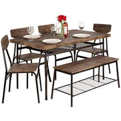 Best Choice Products 6-Piece 55in Wooden Modern Dining Set for Home, Kitchen, Dining Room w/Storage Racks, Rectangular Table, Bench, 4 Chairs, Steel Frame - Brown