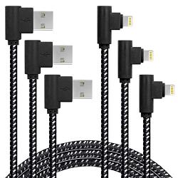 [3-Pack] Right Angle iPhone Charging Cable Nylon Braided 90 Degree Elbow Design Compatible with iPhone Xs Max/XS/XR/X, 8 7 6s 6 Plus, SE, 5s, 5c, 5, iPad Mini/Air/Pro (Black White, 10ft)