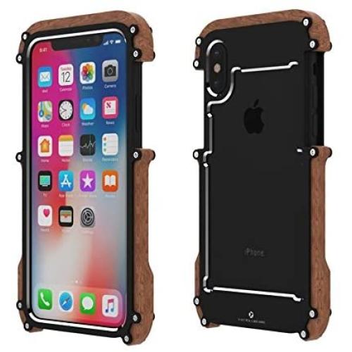 iPhone X Wood Metal Frame Case, Drop Protection Ultra Thin Aluminum Metal Cover Protective Case Shockproof Dropproof Bumper Frame for Apple iPhone X/iPhone tan 5.8inch (Black)