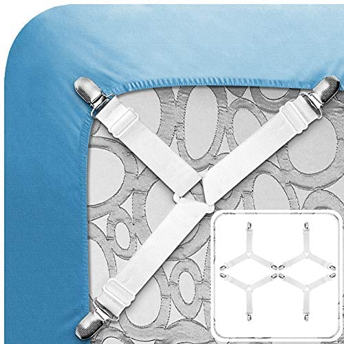 Tomata Adjustable Bed Sheet Fasteners, Triangle Non-Slip Elastic Holder Straps Corner Clips with Heavy Duty Grippers Clips (Set of 4 - White)