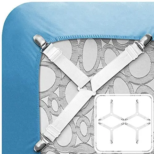 Tomata Adjustable Bed Sheet Fasteners, Triangle Non-Slip Elastic Holder Straps Corner Clips with Heavy Duty Grippers Clips (Set of 4 - White) Tomata Adjustable Bed Sheet Fasteners, Triangle Non-Slip Elastic Holder Straps Corner Clips with Heavy Duty Grippers Clips (Set of 4 - White)
