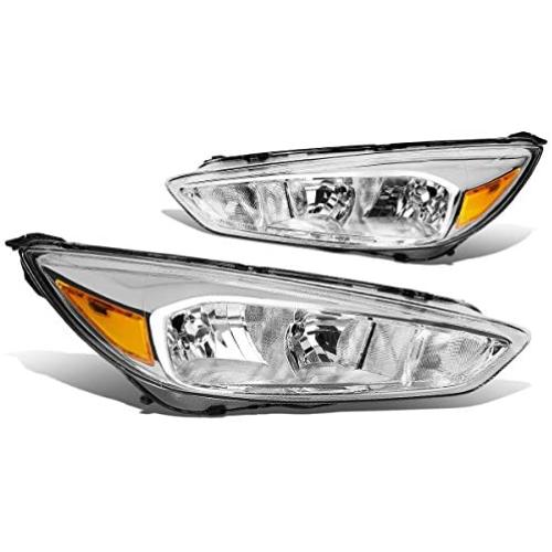 DNA Motoring HL-OH-FF16-CH-AM Chrome Amber Headlights Replacement For 15-18 Focus