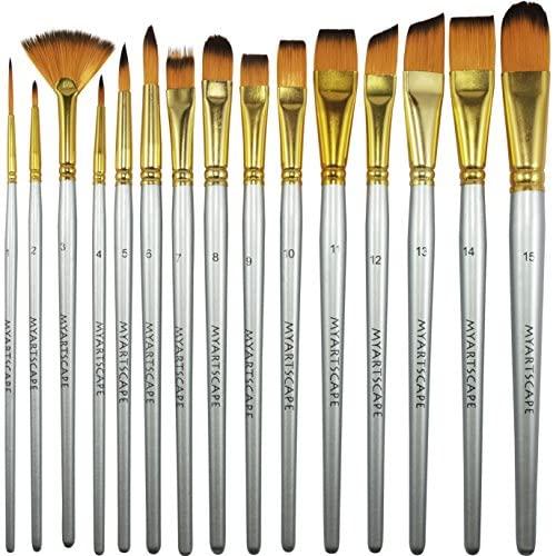 Paint Brush - Set of 15 Art Brushes for Watercolor, Acrylic & Oil Painting - Short Handles