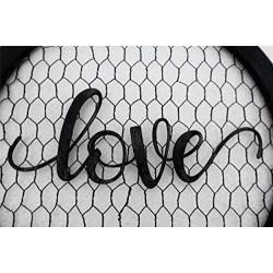 Parisloft Love Round Metal Wall Hanging Art Sign Word Love on Chicken Wire Round Framed and with Fabric Flower 12.2 x 12.2 x 1.4 Inches Black (Love)