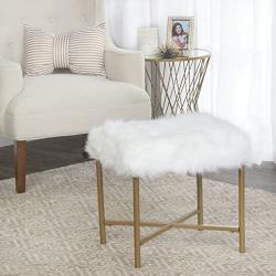 HomePop Faux Fur Square Stool with Metal Legs, White