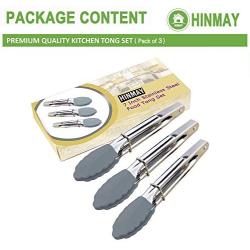 HINMAY Silicone Utility Tong Kitchen Tongs 7 Inch Metal Salad Tongs, Set of 3 (Gray)