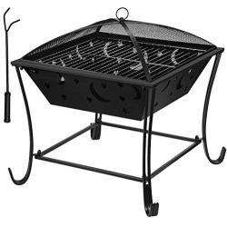 Finether Outdoor Fire Pit 24 Metal Fire Bowl BBQ Grill with Mesh Spark Screen Cover, Patio Backyard Beach Picnic Camping etc.