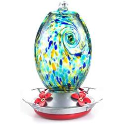 Muse Garden Hummingbird Feeder for Outdoors, Hand Blown Glass, 25 Ounces, Containing Ant Moat, Starry Night