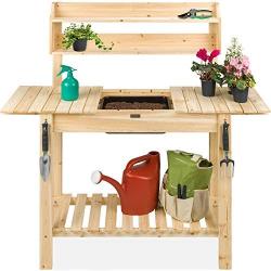 Best Choice Products Outdoor Garden Potting Bench, Wood Workstation Table w/Sliding Tabletop, Food Grade Dry Sink, Storage Shelves - Natural