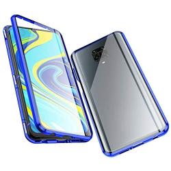 Jonwelsy Magnetic Adsorption Case for Redmi Note9 Pro, 360 Degree Front and Back Clear Tempered Glass Flip Cover, Metal Bumper Frame for Redmi Note9S (Blue)